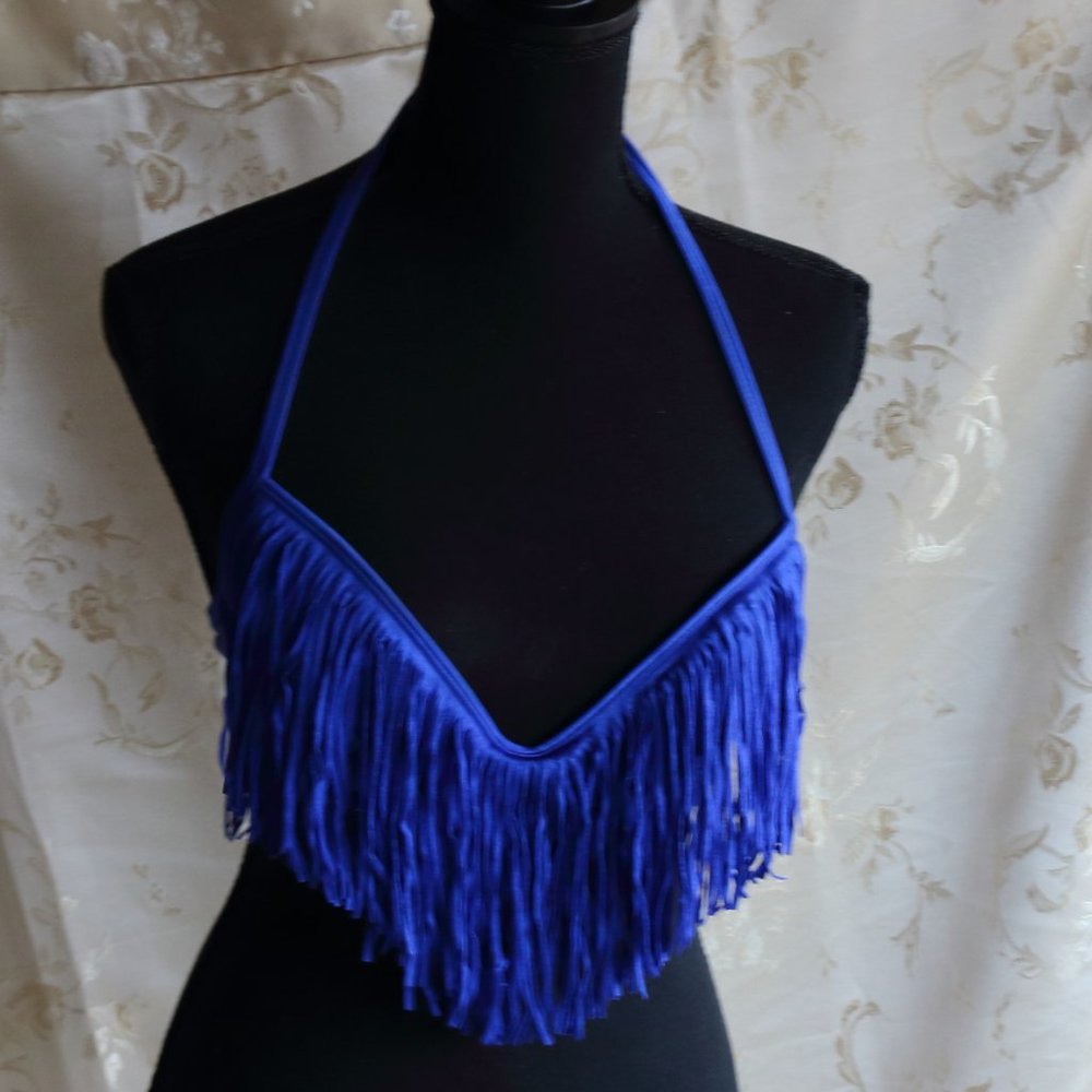 Luli Fama Blue Fringe Swim Halter Bikini Top M - Picture 2 of 11